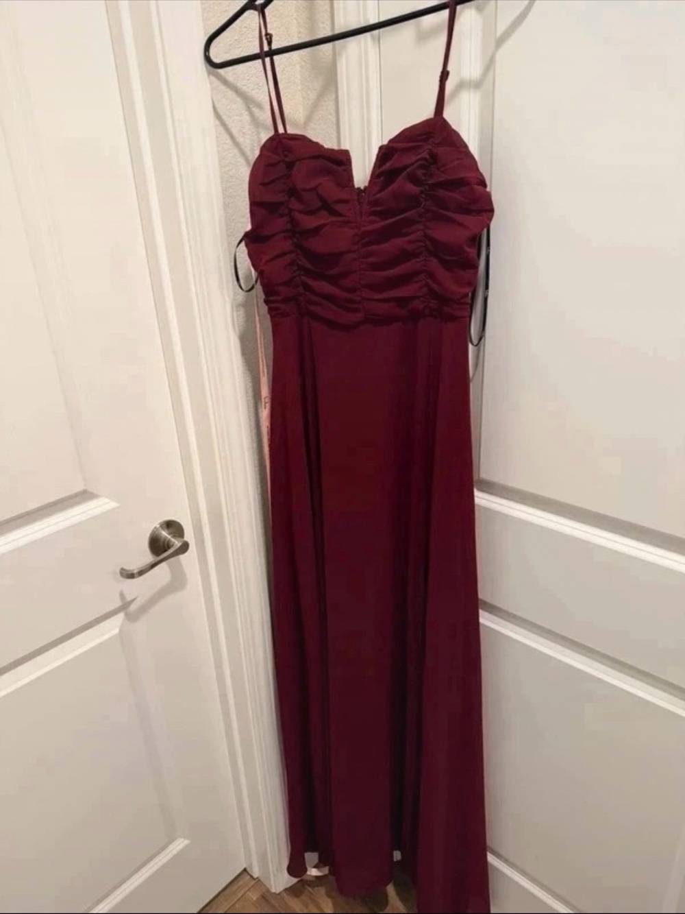Lulu's Burgundy Ruched Bust Spaghetti Strap Maxi Dress
